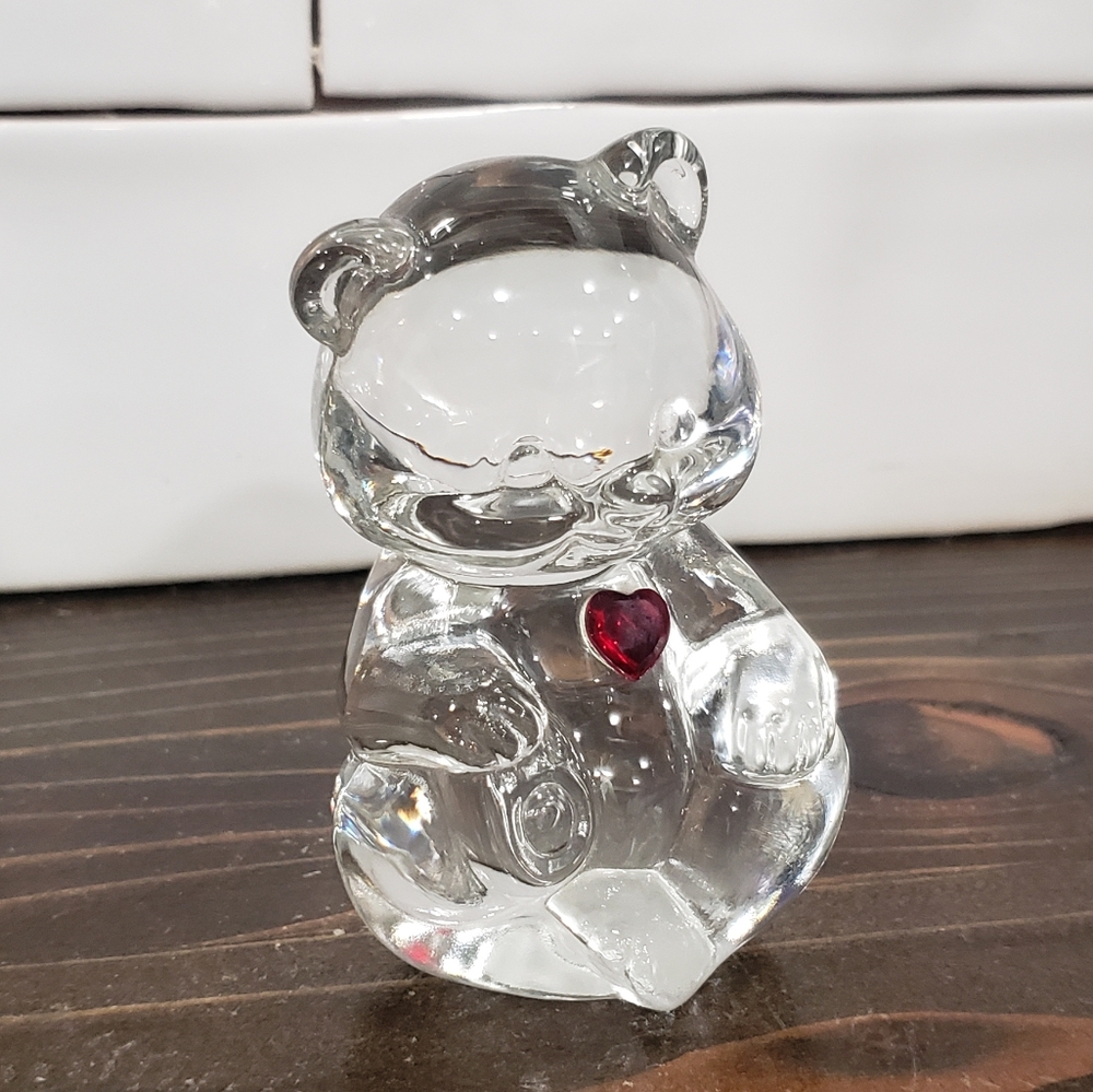 Vintage Glass Fenton Bear with Red Stone Heart July Birthstone Paperweight